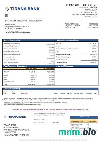 Albania Bank Tirana wyciąg z kredytu hipotecznego szablon Word i PDF